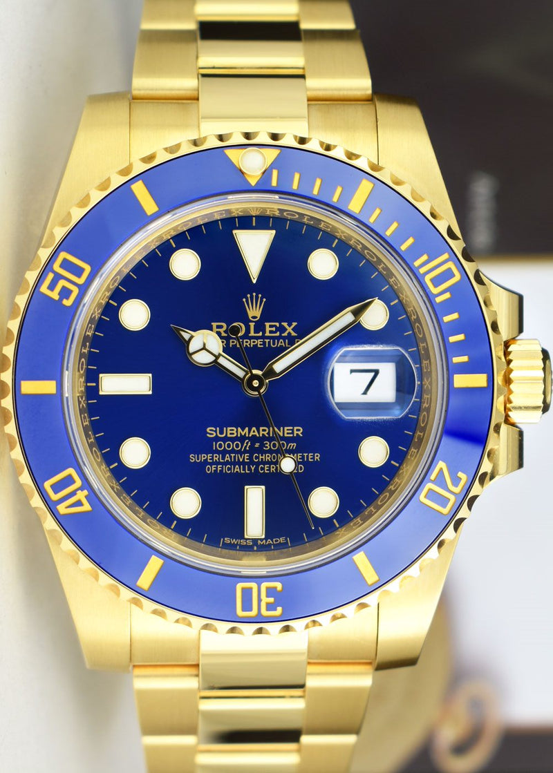 ROLEX 18kt Gold Submariner Blue Index With Box Card 116618