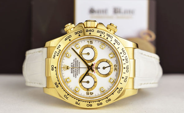 ROLEX 40mm 18kt Gold Daytona White Diamond Dial White Leather Strap Model 116518*