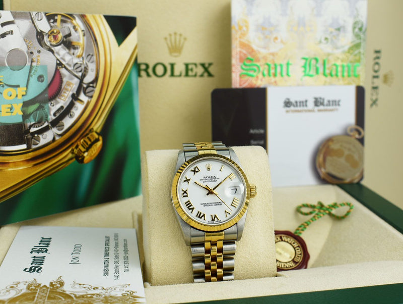 ROLEX 31mm MidSize 18kt Gold & Stainless Steel Datejust White Bold Roman Dial Model 68273