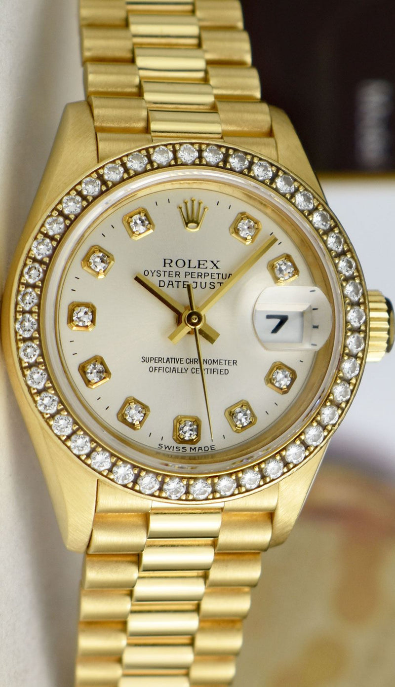 ROLEX Ladies 18kt Gold President 26 Silver Diamond Full Diamond 69178