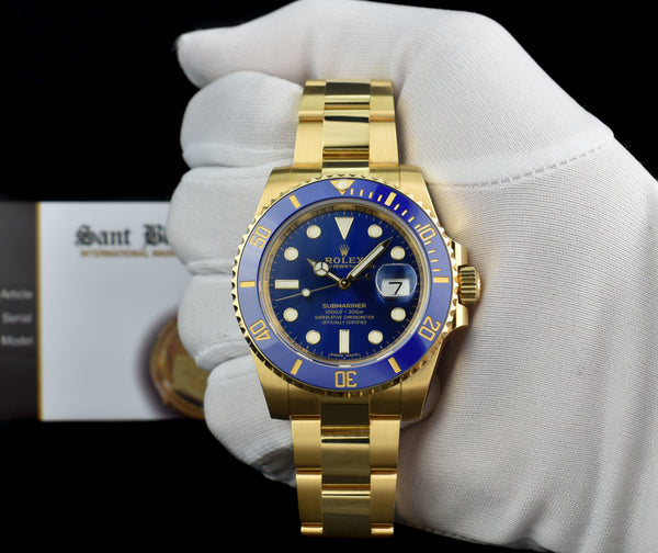 ROLEX 18kt Gold Submariner Blue Index With Box Card 116618