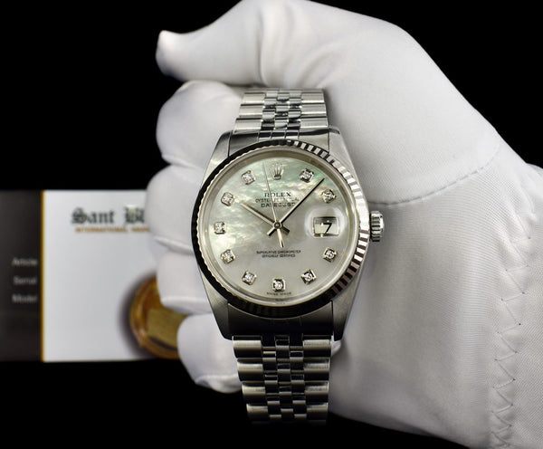 ROLEX 36mm 18kt White Gold & Stainless Steel Datejust MOP Diamond Dial Model 16234