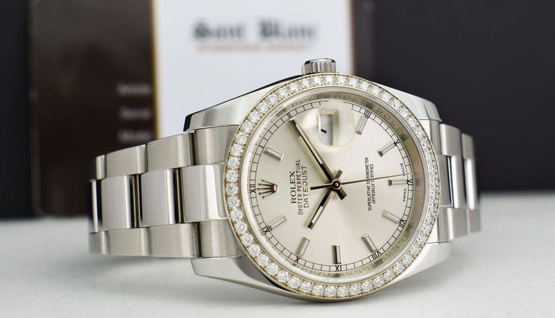 ROLEX - 18kt White Gold & Ss DateJust Silver Index Diamond Bezel - Model 116200