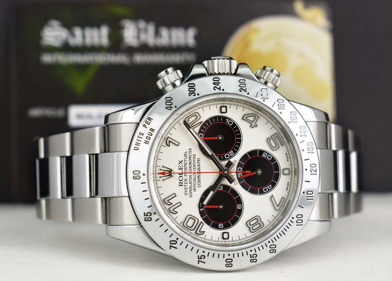 ROLEX Mens Stainless Daytona White Panda Red Hands Fat Buckle Model 116520