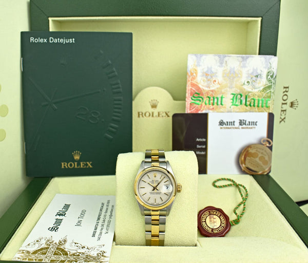 ROLEX Ladies 18kt Gold Stainless Steel DateJust Ivory Tapestry Stick Dial  Model 79163
