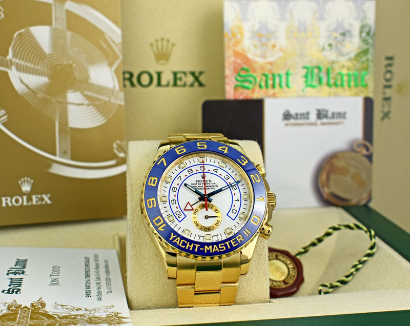 ROLEX 44mm 18kt Gold Yacht-Master II Blue Hands With Box & Card Model 116688