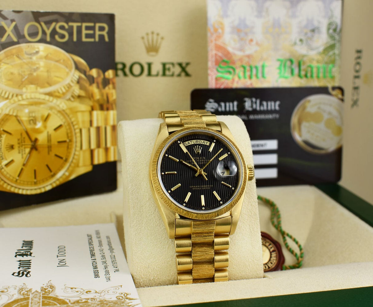 ROLEX Mens 18kt Gold Day Date Bark President Black Tapestry Stick