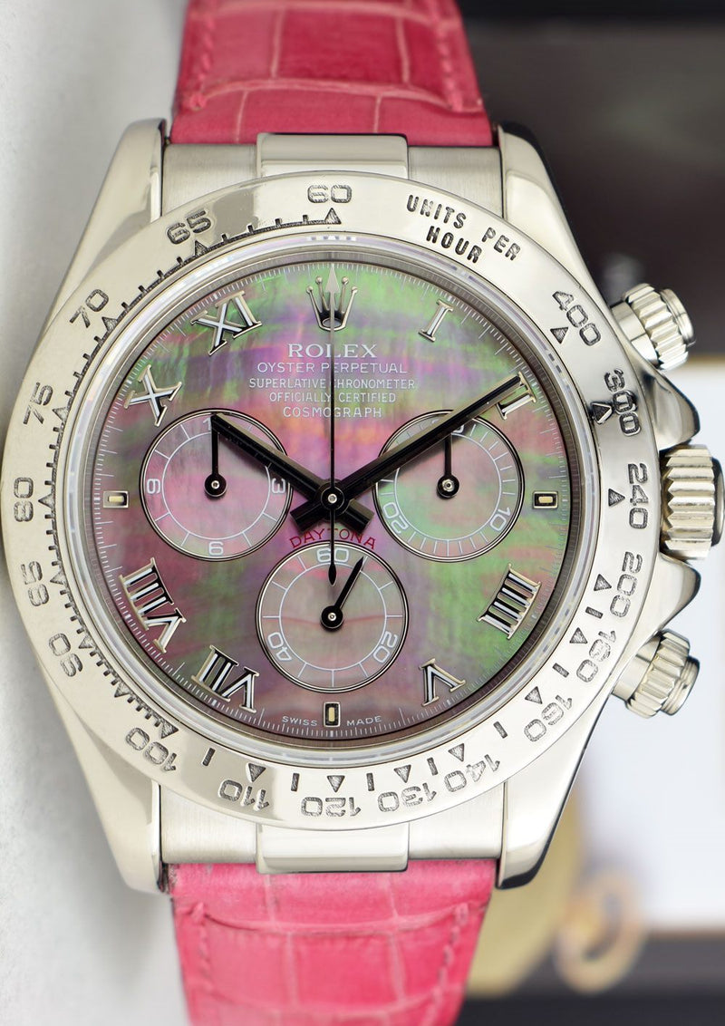 ROLEX 40mm White Gold Daytona Tahitian Mother of Pearl Roman Pink Strap Model 116519