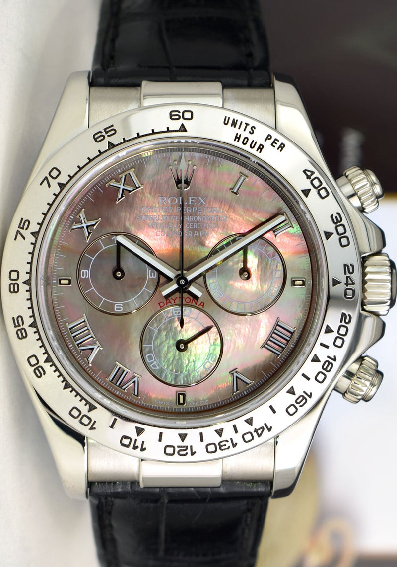 ROLEX White Gold Daytona Tahitian Mother of Pearl Roman Black Crocodile Model 116519