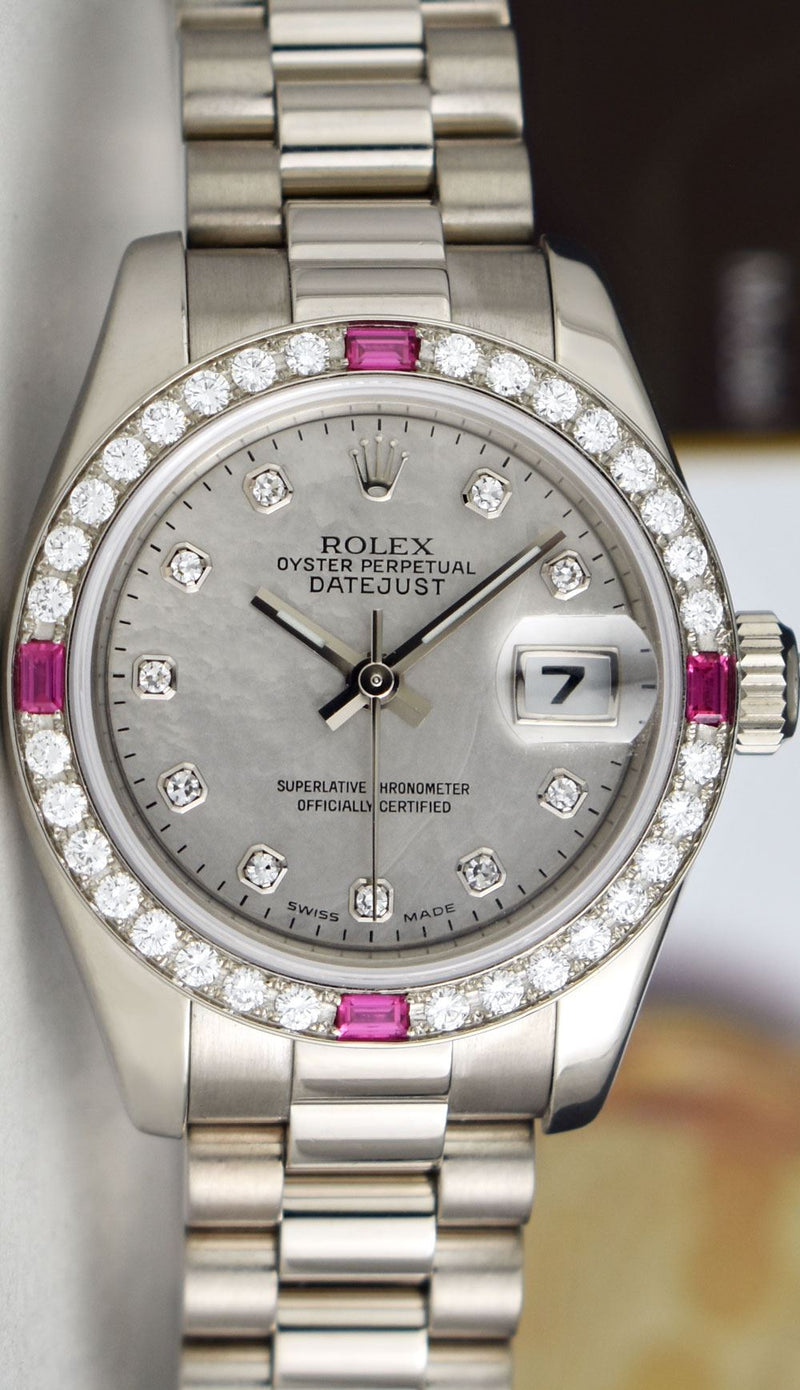 ROLEX Ladies White Gold President Mother of Pearl Dial Diamond Ruby Bezel Model 179179