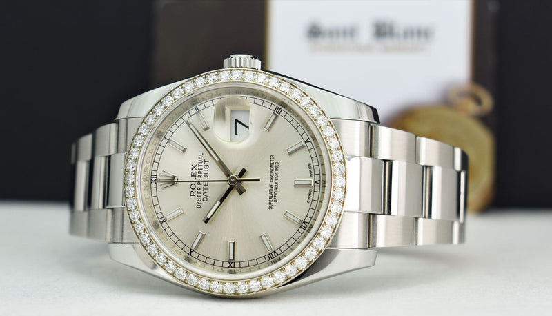 ROLEX - 18kt White Gold & Ss DateJust Silver Index Diamond Bezel - Model 116200