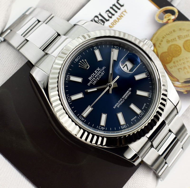 ROLEX 41mm White Gold & Stainless Steel DateJust II Blue Index Dial Model 116334