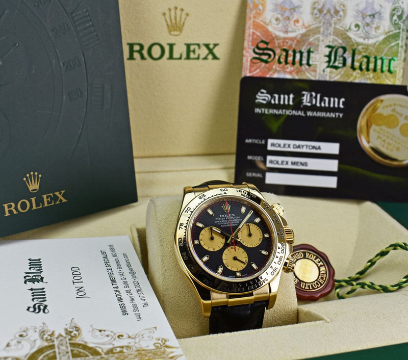 ROLEX Rehaut 18kt Gold Daytona Black Paul Newman Black Crocodile Strap Model 116518