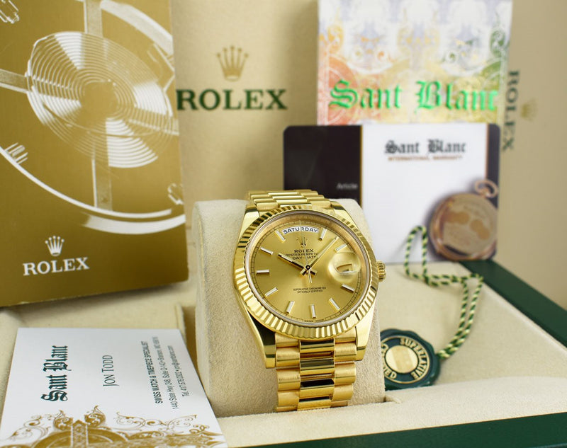 ROLEX 40mm 18kt Gold Day Date 40 President Champagne Index Dial  Model 228238
