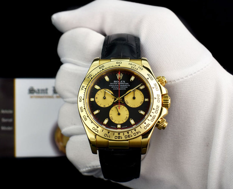 ROLEX 18kt Gold Daytona Black Paul Newman Dial Black Strap Model 116518