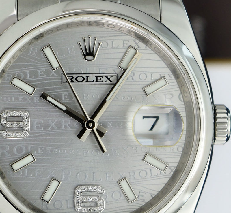 ROLEX 36mm Stainless Steel DateJust Silver Wave Diamond Dial Model 116200