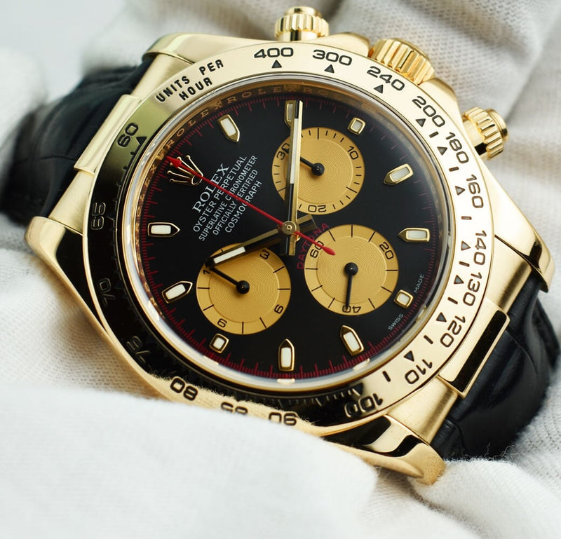 ROLEX Rehaut 18kt Gold Daytona Black Paul Newman Black Crocodile Strap Model 116518