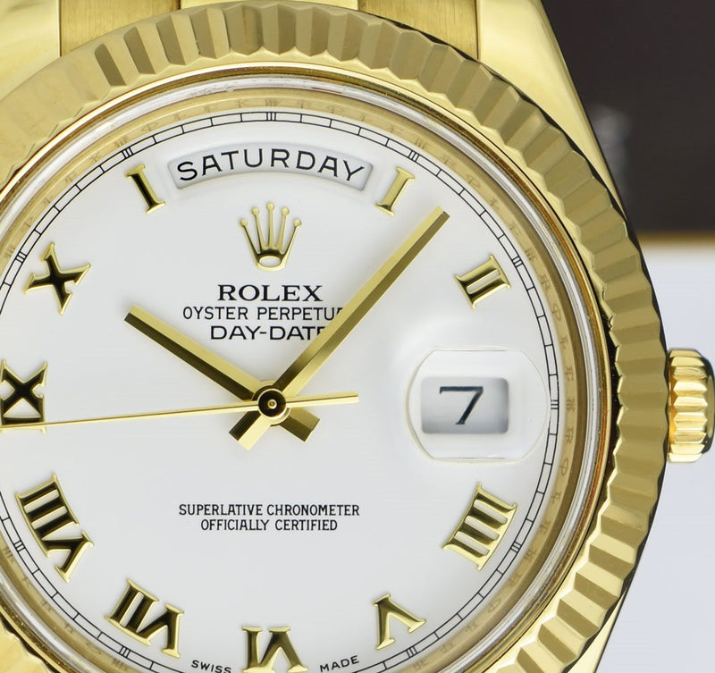 ROLEX 41mm 18kt Gold Day Date II President White Roman Dial Model 218238*