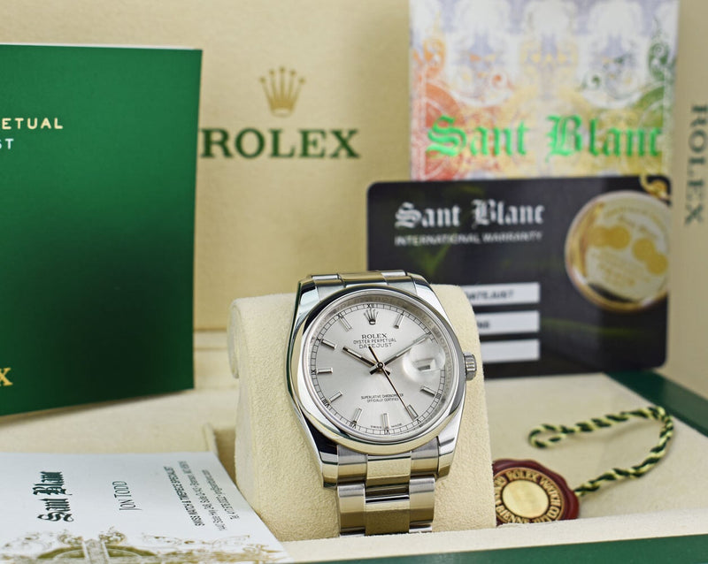 ROLEX Mens Stainless Steel DateJust Silver Index Dial Oyster Band Model 116200