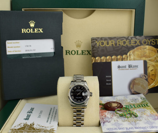 ROLEX Ladies 18kt White Gold Datejust PRESIDENT Black Roman Dial Model 179179