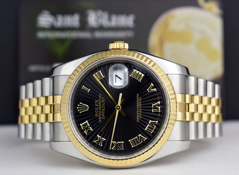 ROLEX REHAUT 18kt Gold & Stainless DateJust Black Sunbeam Roman Dial Model 116233