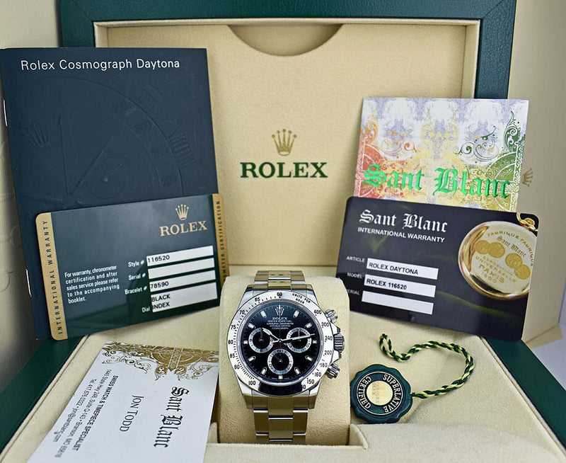 ROLEX 40mm Stainless Steel Daytona Black Index Dial Fat Clasp Box & Card Model 116520