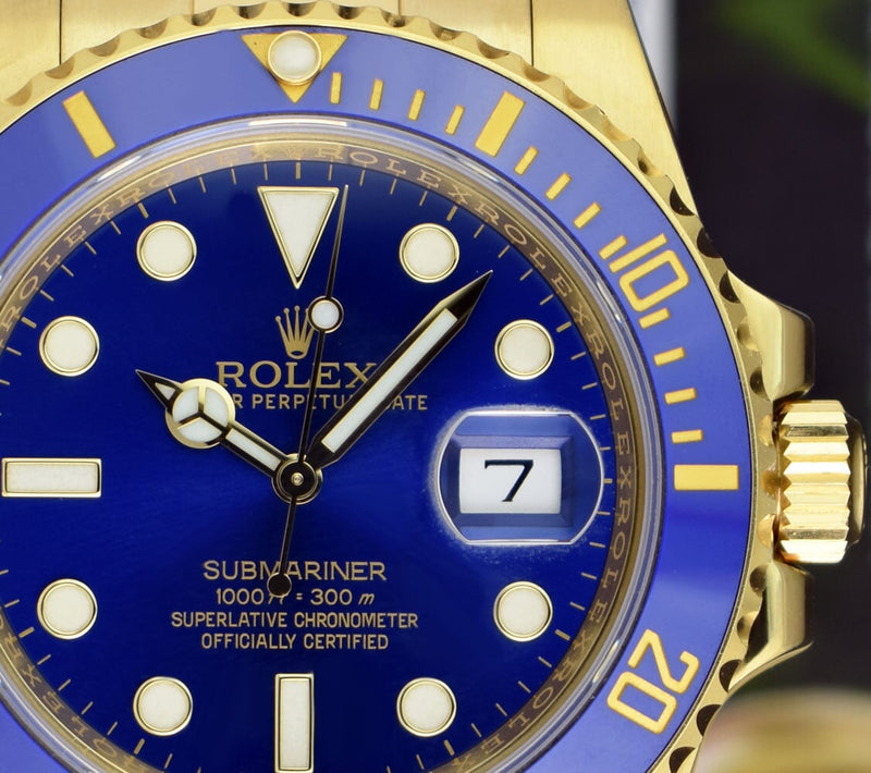 ROLEX Mens 18kt Gold Submariner Blue Ceramic Box Model 116618 LB