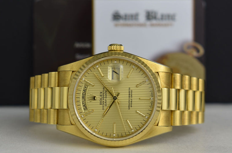 ROLEX 36mm 18kt Gold Day Date President Champagne Tapestry Dial Model 18038