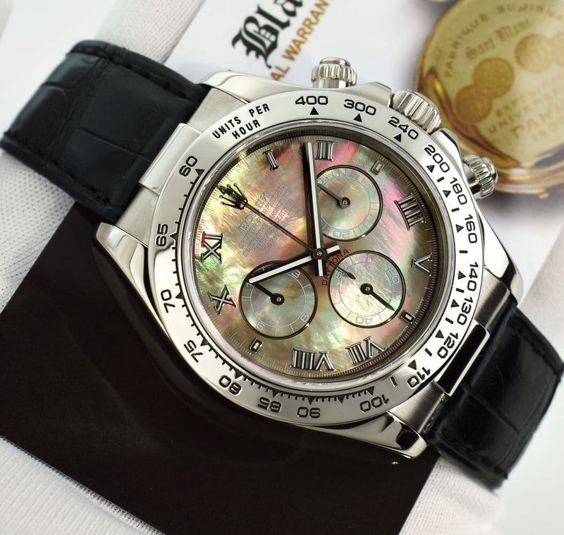 ROLEX White Gold Daytona Tahitian Mother of Pearl Roman Black Crocodile Model 116519