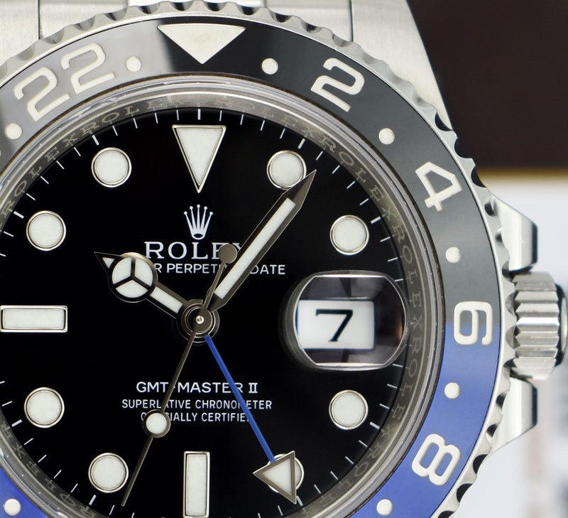 ROLEX 40mm Stainless Steel GMT Master II Batman Blue Black Bezel
