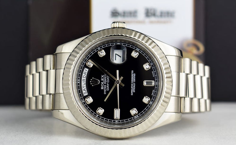 ROLEX 41mm White Gold Day Date II President Black Diamond Dial