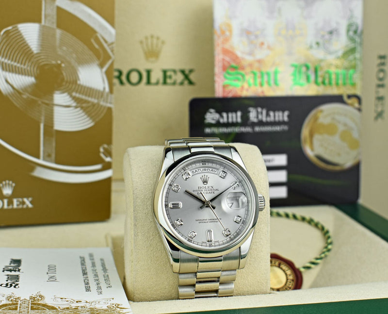 ROLEX - Day Date 36 Platinum President Silver Diamond Fat Buckle Model 118206