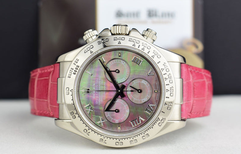 ROLEX 40mm White Gold Daytona Tahitian Mother of Pearl Roman Pink Strap Model 116519