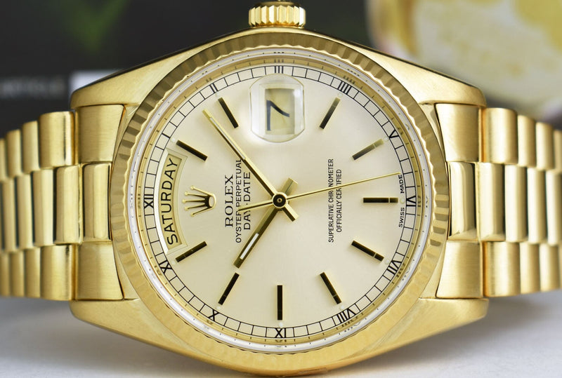 ROLEX 18kt Gold Day Date President Light Champagne Stick Dial Model 18038