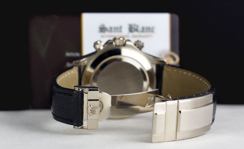 ROLEX 18kt White Gold DAYTONA Black Diamond Dial Black Patent Alligator Strap Model 116519