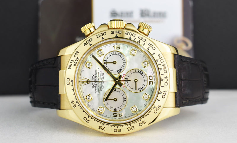 ROLEX 40mm 18kt Gold Daytona Leather Strap Mother of Pearl Diamond Dial Model 116518
