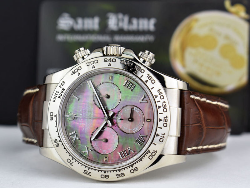 ROLEX 18kt White Gold Daytona on Brown Strap MOP Roman Dial Model 116519