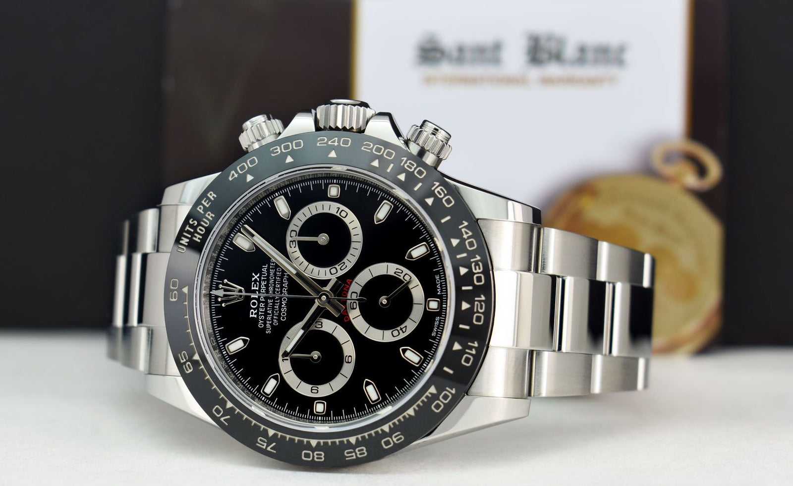 ROLEX 40mm Stainless Steel DAYTONA Black Dial Ceramic Bezel Model 1165 Sant Blanc