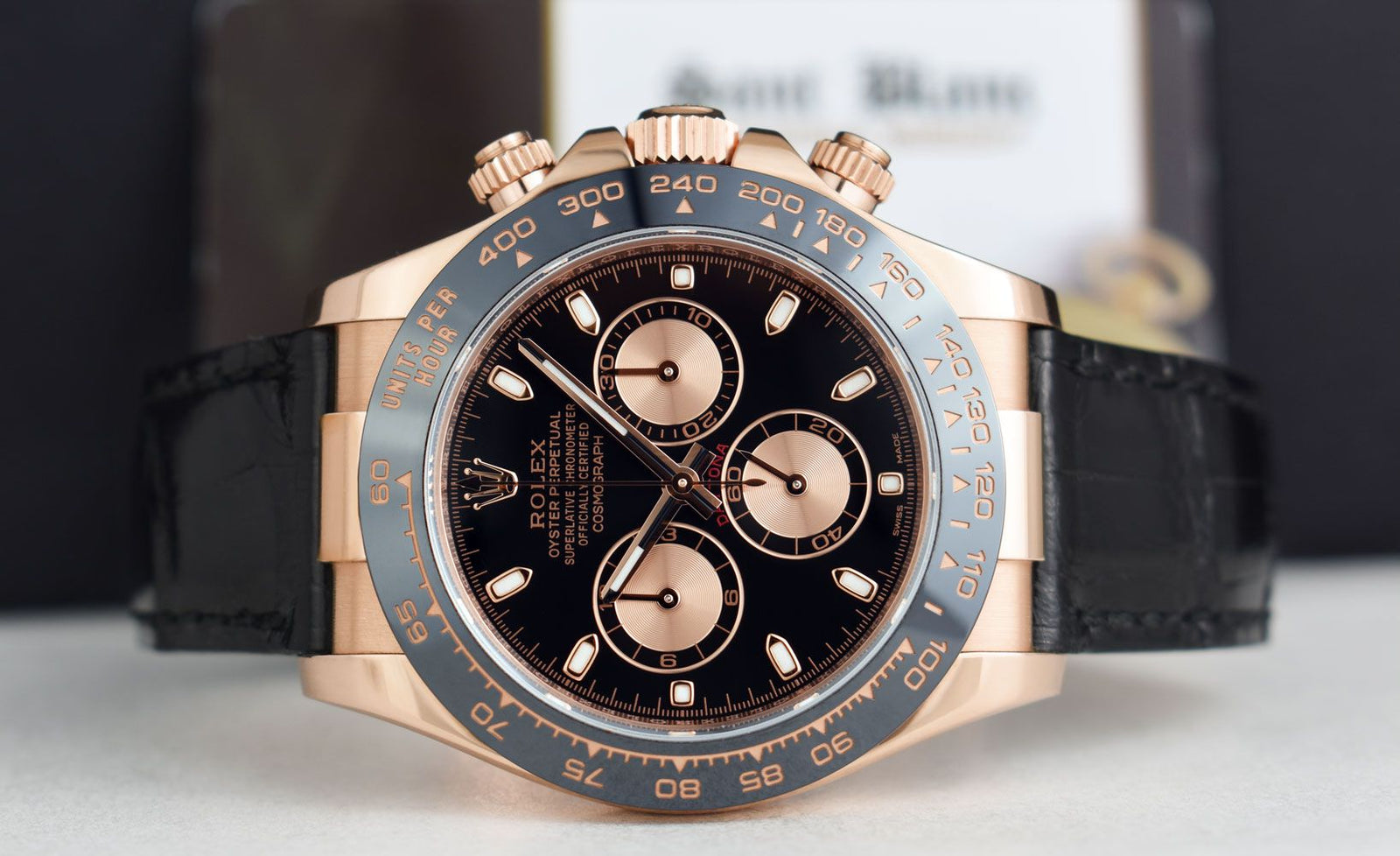 Rose gold rolex black strap online