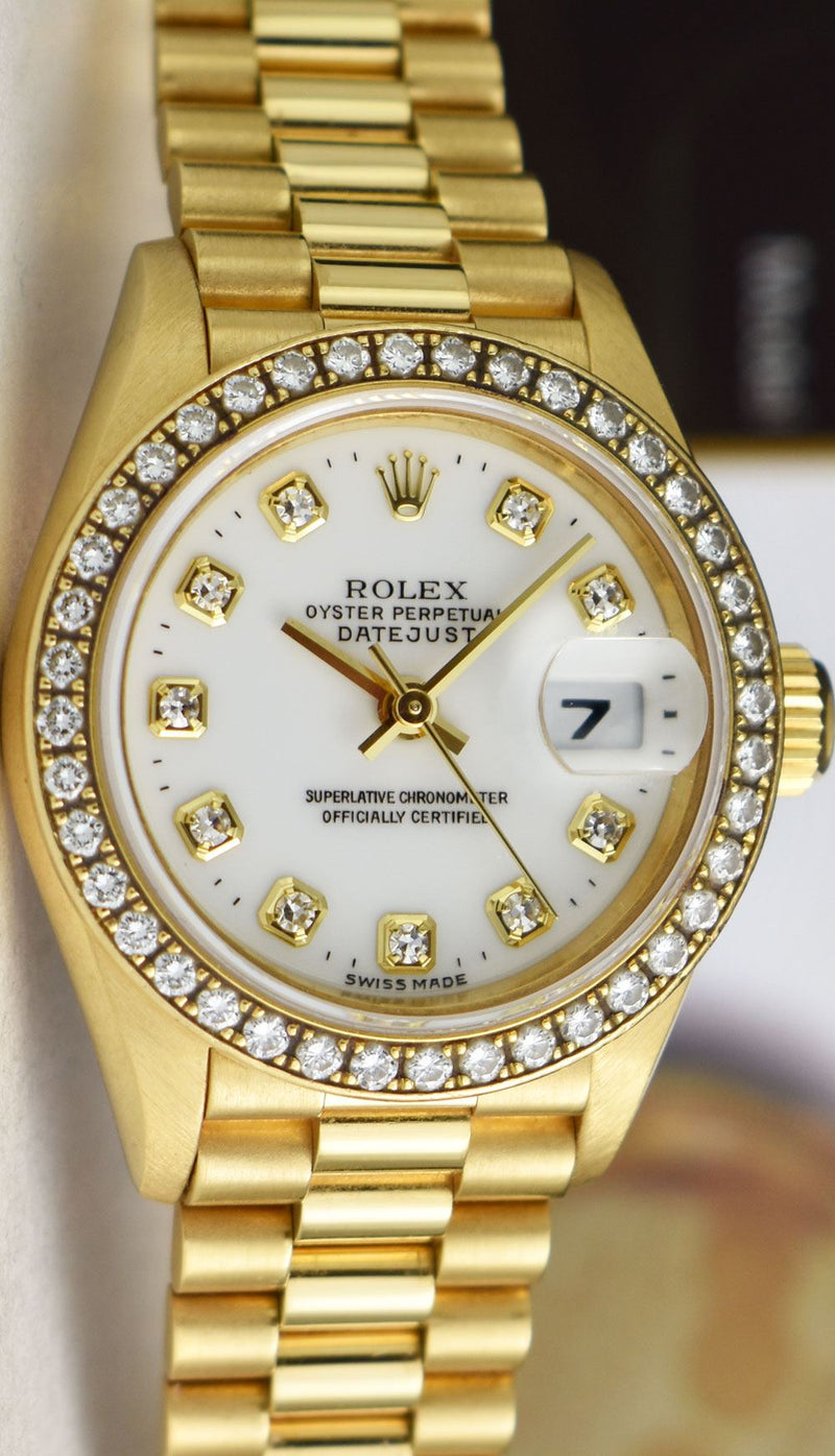 ROLEX Ladies 26mm 18kt Gold President White Dial Diamond Bezel Model 69178