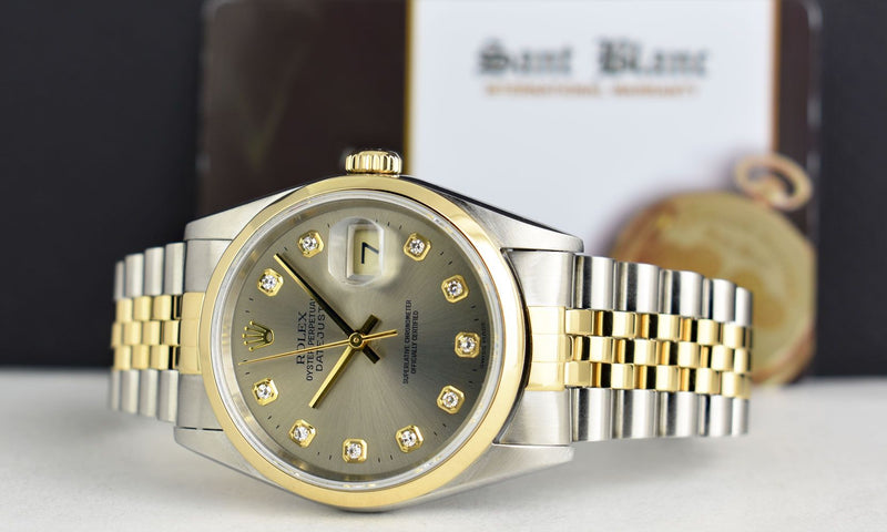 ROLEX 36mm 18kt Gold & Stainless Steel DateJust Rhodium Diamond Dial Jubilee Band Model 16203