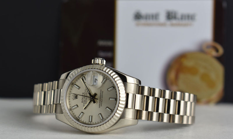 ROLEX Ladies 18kt White Gold Datejust President Silver Index Dial Model 179179