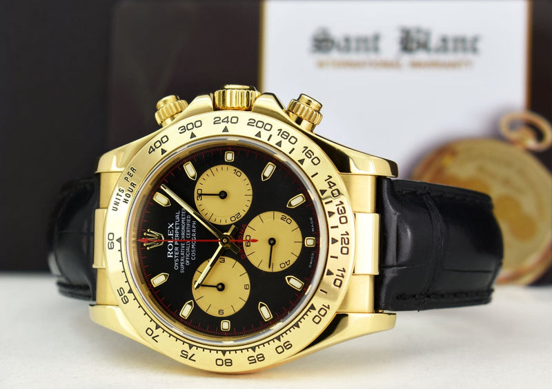 ROLEX 18kt Gold Daytona Black Paul Newman Dial Black Strap Model 116518