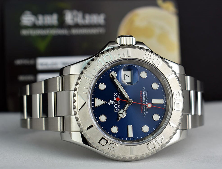 Rolex Mens Platinum Stainless Steel YachtMaster Blue Index Dial Mode Sant Blanc
