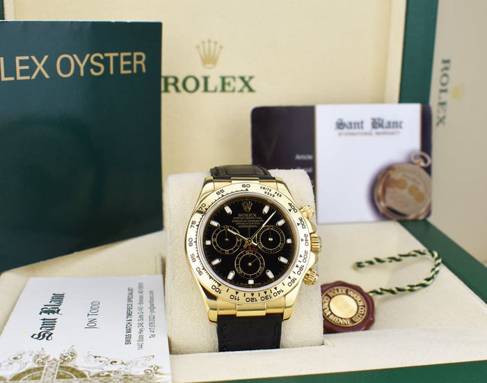 ROLEX 40mm 18kt Gold Daytona Black Strap Black Index Model 116518