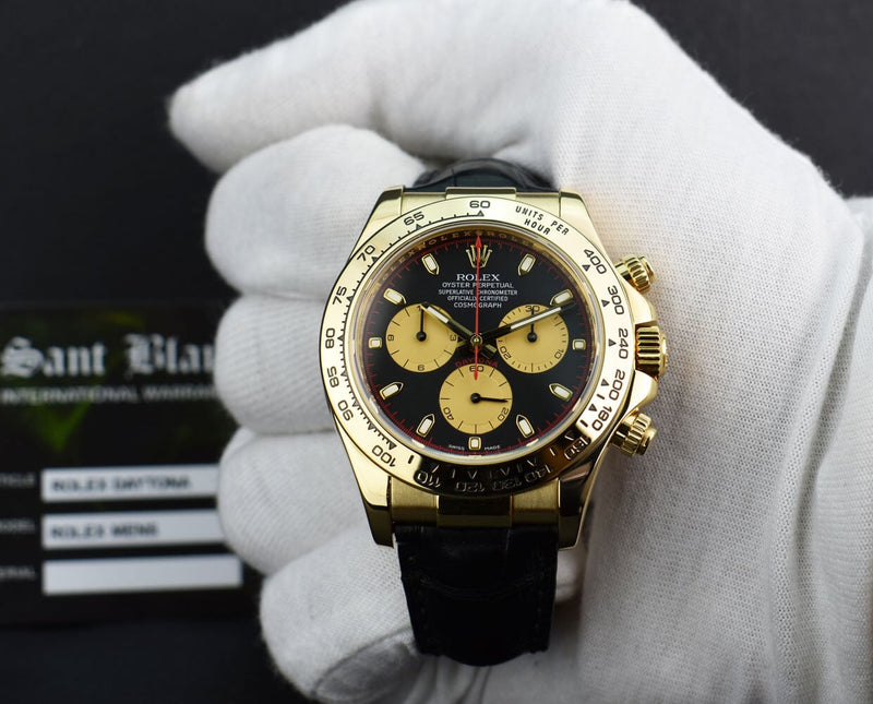 ROLEX Rehaut 18kt Gold Daytona Black Paul Newman Black Crocodile Strap Model 116518