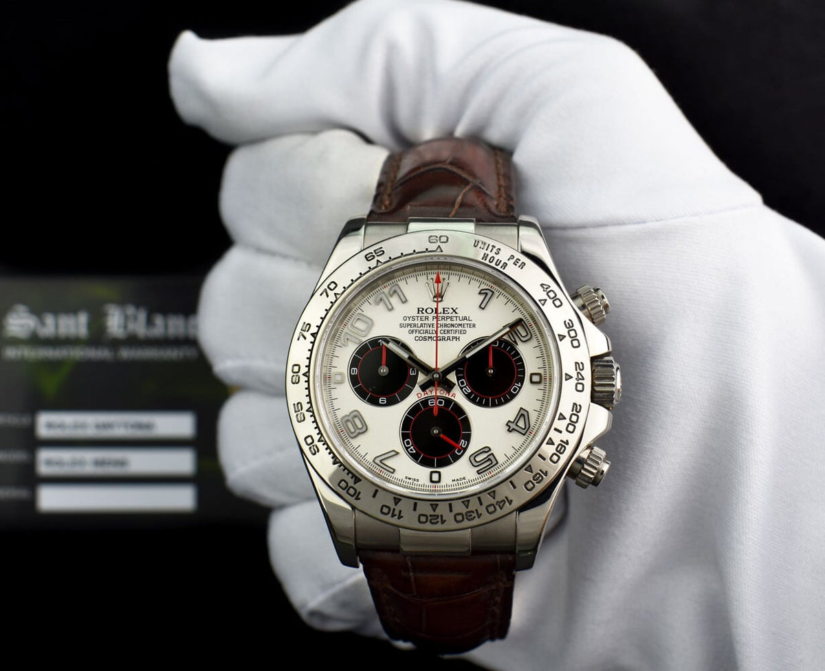 ROLEX 18kt White Gold Daytona Panda Arabic on Brown Strap Model