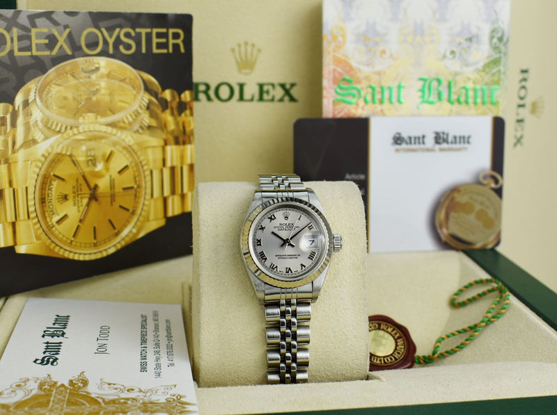 ROLEX Ladies 26mm 18kt White Gold & Stainless Steel Datejust Rhodium Roman Dial Model 79174