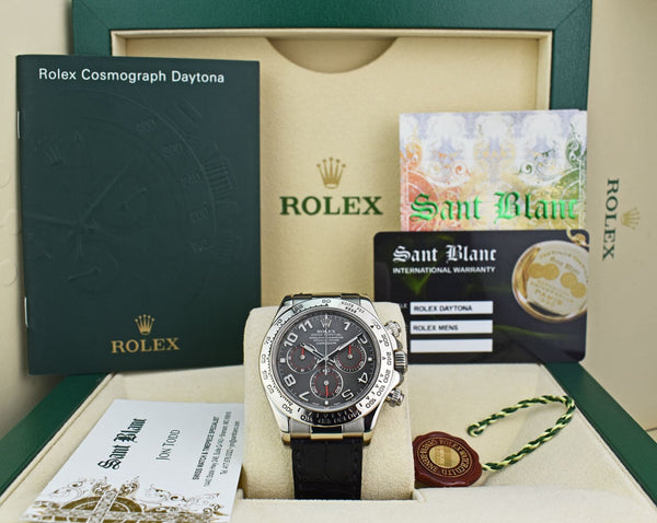 ROLEX Rehaut 18kt White Gold Daytona on Black Crocodile Gray Arabic Dial Model 116519