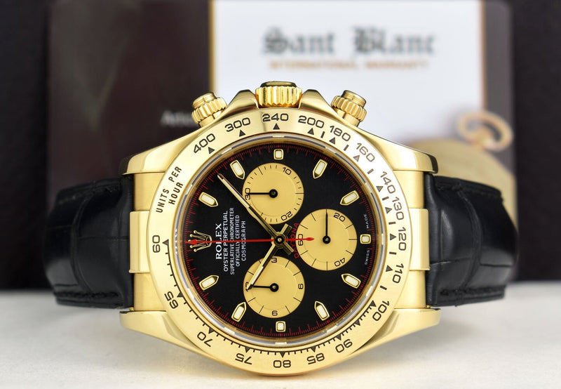 ROLEX 18kt Gold Daytona Black Paul Newman Dial Black Strap Model 116518